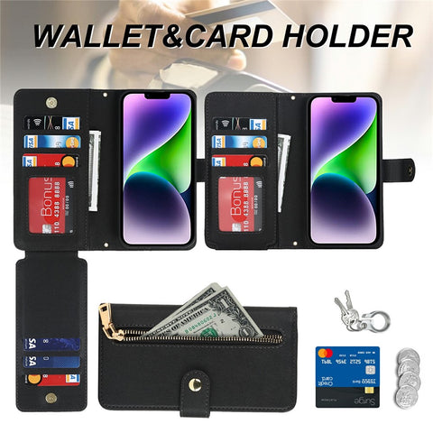 For iPhone 14 Plus Stand Case PU Leather Phone Cover with Straps  /  Zipper Wallet  /  Multiple Card Slots