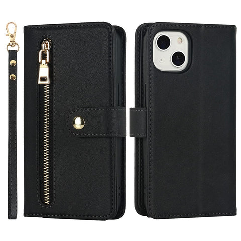 For iPhone 14 Plus Stand Case PU Leather Phone Cover with Straps  /  Zipper Wallet  /  Multiple Card Slots