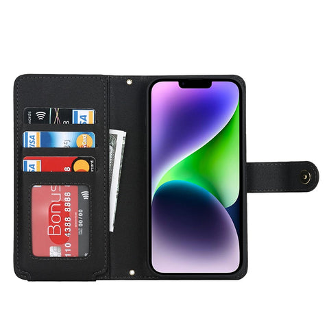 For iPhone 14 Plus Stand Case PU Leather Phone Cover with Straps  /  Zipper Wallet  /  Multiple Card Slots