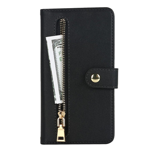 For iPhone 14 Plus Stand Case PU Leather Phone Cover with Straps  /  Zipper Wallet  /  Multiple Card Slots