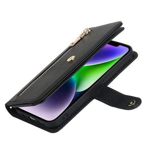 For iPhone 14 Plus Stand Case PU Leather Phone Cover with Straps  /  Zipper Wallet  /  Multiple Card Slots