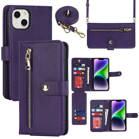 For iPhone 14 Plus Stand Case PU Leather Phone Cover with Straps  /  Zipper Wallet  /  Multiple Card Slots