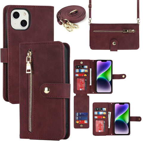 For iPhone 14 Plus Stand Case PU Leather Phone Cover with Straps  /  Zipper Wallet  /  Multiple Card Slots
