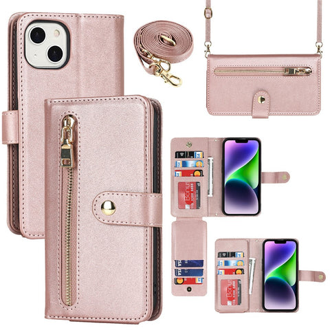 For iPhone 14 Plus Stand Case PU Leather Phone Cover with Straps  /  Zipper Wallet  /  Multiple Card Slots