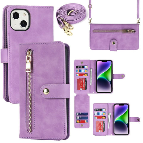 For iPhone 14 Plus Stand Case PU Leather Phone Cover with Straps  /  Zipper Wallet  /  Multiple Card Slots