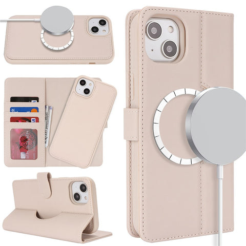 For iPhone 15 Plus / 14 Plus Wallet Case Compatible with MagSafe Anti-Drop Detachable PU Leather Phone Cover