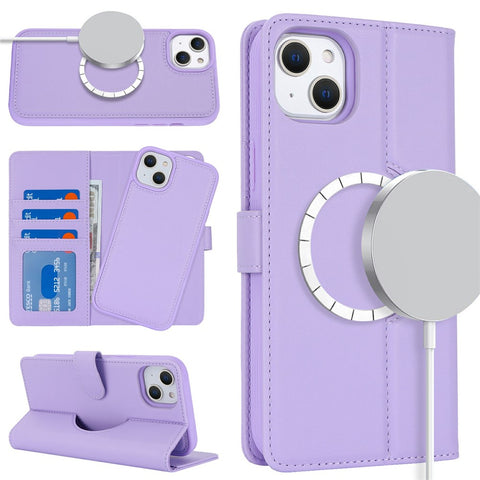 For iPhone 15 Plus / 14 Plus Wallet Case Compatible with MagSafe Anti-Drop Detachable PU Leather Phone Cover