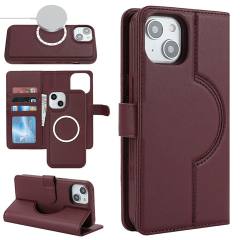 For iPhone 15 Plus / 14 Plus Wallet Case Compatible with MagSafe Anti-Drop Detachable PU Leather Phone Cover