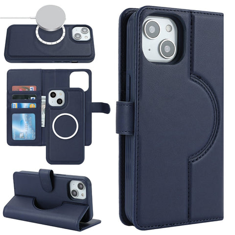 For iPhone 15 Plus / 14 Plus Wallet Case Compatible with MagSafe Anti-Drop Detachable PU Leather Phone Cover