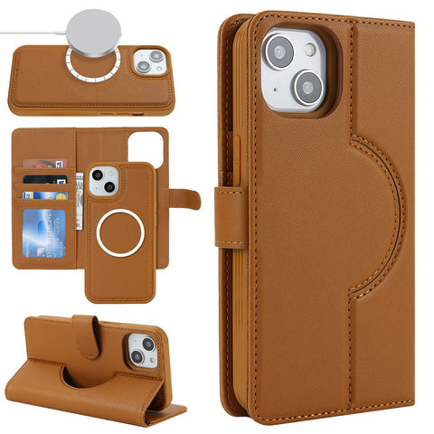 For iPhone 15 Plus / 14 Plus Wallet Case Compatible with MagSafe Anti-Drop Detachable PU Leather Phone Cover