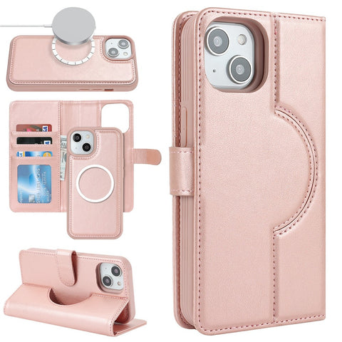 For iPhone 15 Plus / 14 Plus Wallet Case Compatible with MagSafe Anti-Drop Detachable PU Leather Phone Cover