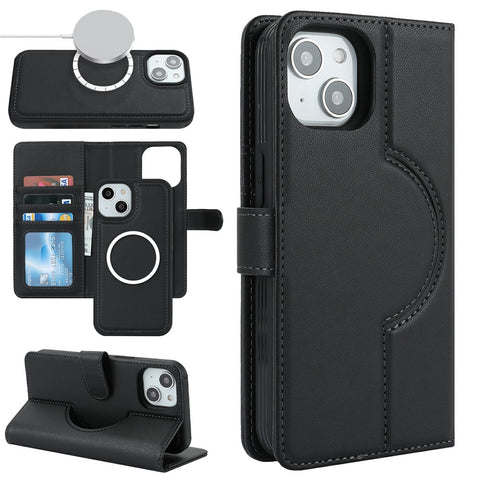 For iPhone 15 Plus / 14 Plus Wallet Case Compatible with MagSafe Anti-Drop Detachable PU Leather Phone Cover
