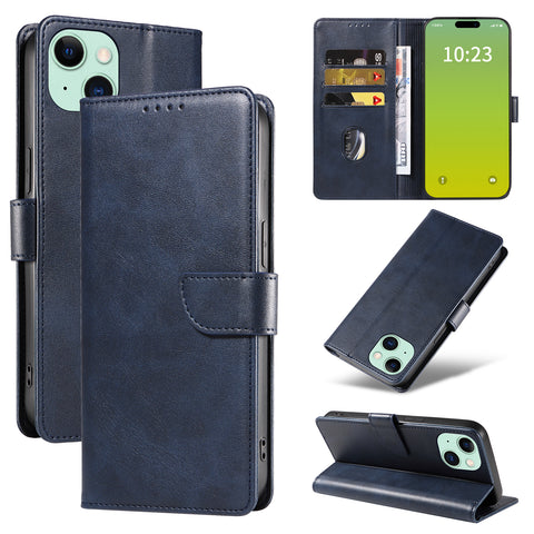 WANLONFENG For iPhone 14 Plus Leather Case  NW Series Calf Texture Flip Wallet Phone Cover