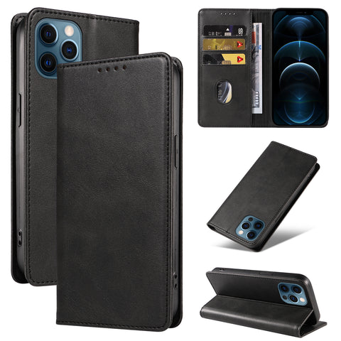 WANLONFENG For iPhone 12 Pro 6.1 inch Wallet Case  NW1 Series Magnetic Closure Calf Texture Leather Phone Cover