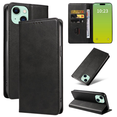WANLONFENG For iPhone 14 Plus Wallet Case  NW1 Series Magnetic Closure Calf Texture Leather Phone Cover