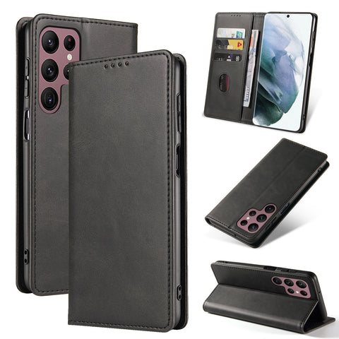 For Samsung Galaxy S23 Ultra Wallet Case WANLONFENG NW1 Series Magnetic Closure Calf Texture Leather Phone Cover