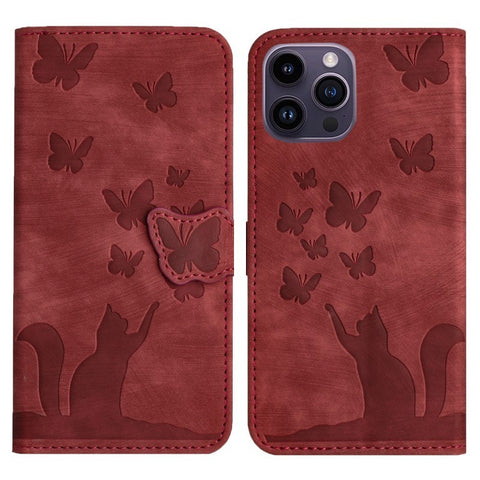 WANLONFENG For iPhone 12 Pro 6.1 inch Leather Case  HDM Series Butterfly Cat Pattern Wallet Phone Cover