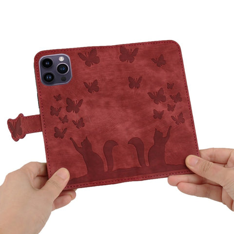 WANLONFENG For iPhone 12 Pro 6.1 inch Leather Case  HDM Series Butterfly Cat Pattern Wallet Phone Cover
