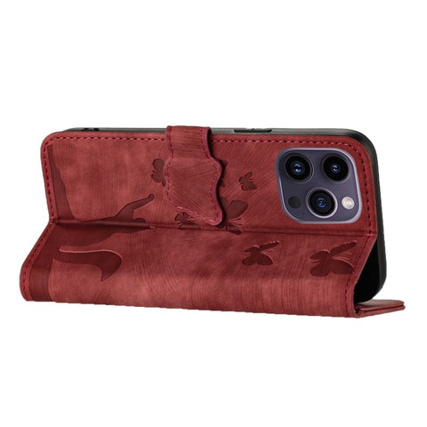 WANLONFENG For iPhone 12 Pro 6.1 inch Leather Case  HDM Series Butterfly Cat Pattern Wallet Phone Cover