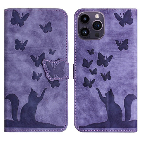 WANLONFENG For iPhone 12 Pro 6.1 inch Leather Case  HDM Series Butterfly Cat Pattern Wallet Phone Cover