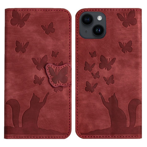 WANLONFENG For iPhone 14 Plus Leather Case  HDM Series Butterfly Cat Pattern Wallet Phone Cover