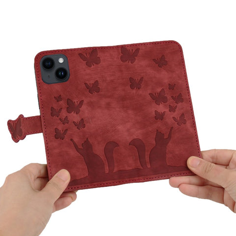 WANLONFENG For iPhone 14 Plus Leather Case  HDM Series Butterfly Cat Pattern Wallet Phone Cover