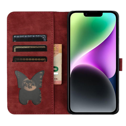 WANLONFENG For iPhone 14 Plus Leather Case  HDM Series Butterfly Cat Pattern Wallet Phone Cover