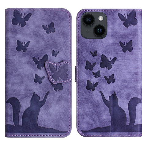 WANLONFENG For iPhone 14 Plus Leather Case  HDM Series Butterfly Cat Pattern Wallet Phone Cover