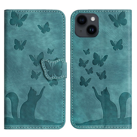 WANLONFENG For iPhone 14 Plus Leather Case  HDM Series Butterfly Cat Pattern Wallet Phone Cover
