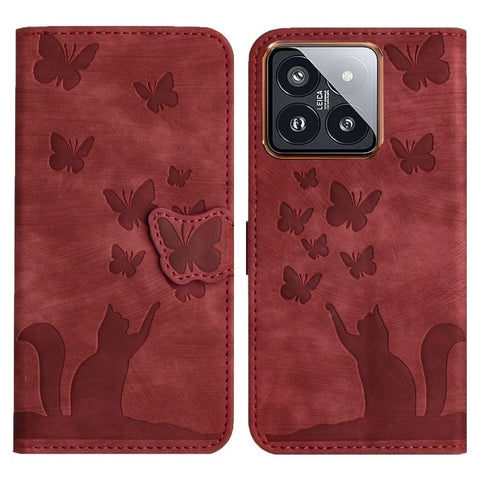WANLONFENG For Xiaomi 14 Leather Case  HDM Series Butterfly Cat Pattern Wallet Phone Cover