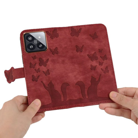 WANLONFENG For Xiaomi 14 Leather Case  HDM Series Butterfly Cat Pattern Wallet Phone Cover