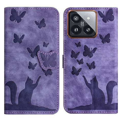 WANLONFENG For Xiaomi 14 Leather Case  HDM Series Butterfly Cat Pattern Wallet Phone Cover
