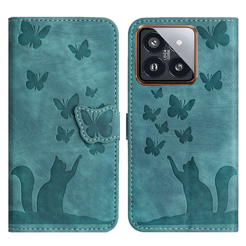 WANLONFENG For Xiaomi 14 Leather Case  HDM Series Butterfly Cat Pattern Wallet Phone Cover