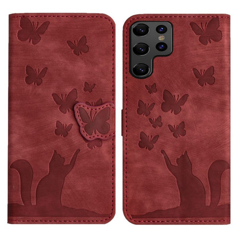 For Samsung Galaxy S23 Ultra Leather Case WANLONFENG HDM Series Butterfly Cat Pattern Wallet Phone Cover