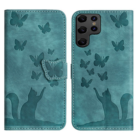 For Samsung Galaxy S23 Ultra Leather Case WANLONFENG HDM Series Butterfly Cat Pattern Wallet Phone Cover