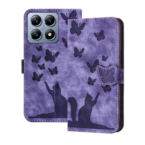 WANLONFENG For Xiaomi 14T Pro Leather Case  HDM Series Butterfly Cat Pattern Wallet Phone Cover