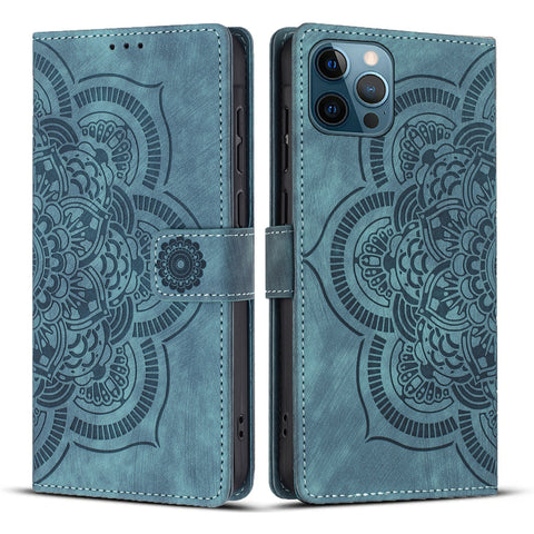 WANLONFENG For iPhone 12 Pro Max 6.7 inch Leather Case  HDM Series Mandala Imprint Wallet Stand Phone Cover