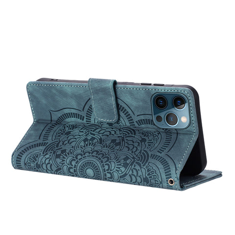 WANLONFENG For iPhone 12 Pro Max 6.7 inch Leather Case  HDM Series Mandala Imprint Wallet Stand Phone Cover