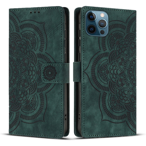 WANLONFENG For iPhone 12 Pro Max 6.7 inch Leather Case  HDM Series Mandala Imprint Wallet Stand Phone Cover