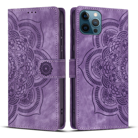 WANLONFENG For iPhone 12 Pro Max 6.7 inch Leather Case  HDM Series Mandala Imprint Wallet Stand Phone Cover