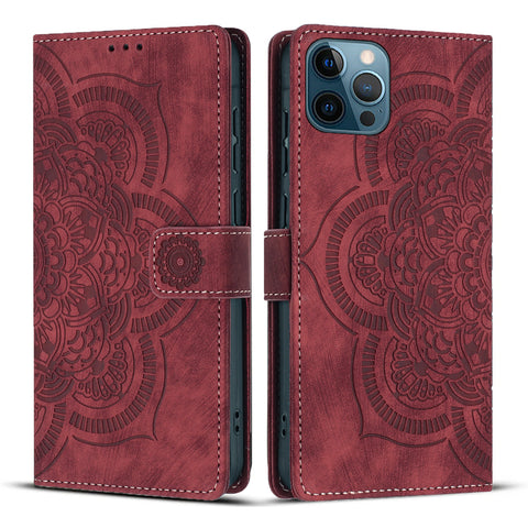 WANLONFENG For iPhone 12 Pro Max 6.7 inch Leather Case  HDM Series Mandala Imprint Wallet Stand Phone Cover