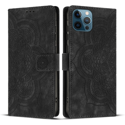 WANLONFENG For iPhone 12 Pro Max 6.7 inch Leather Case  HDM Series Mandala Imprint Wallet Stand Phone Cover