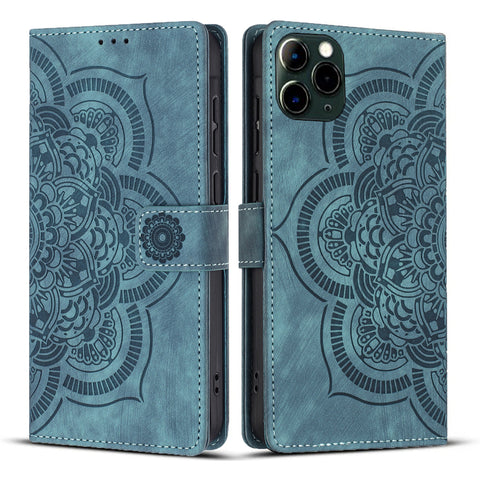 WANLONFENG For iPhone 12 Pro 6.1 inch Leather Case  HDM Series Mandala Imprint Wallet Stand Phone Cover