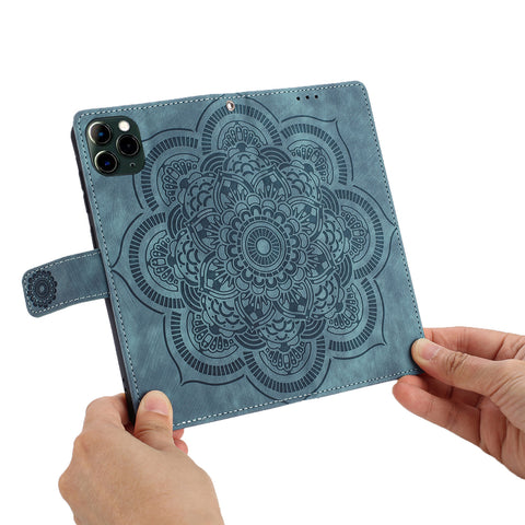 WANLONFENG For iPhone 12 Pro 6.1 inch Leather Case  HDM Series Mandala Imprint Wallet Stand Phone Cover