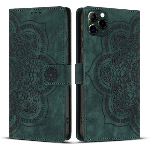 WANLONFENG For iPhone 12 Pro 6.1 inch Leather Case  HDM Series Mandala Imprint Wallet Stand Phone Cover