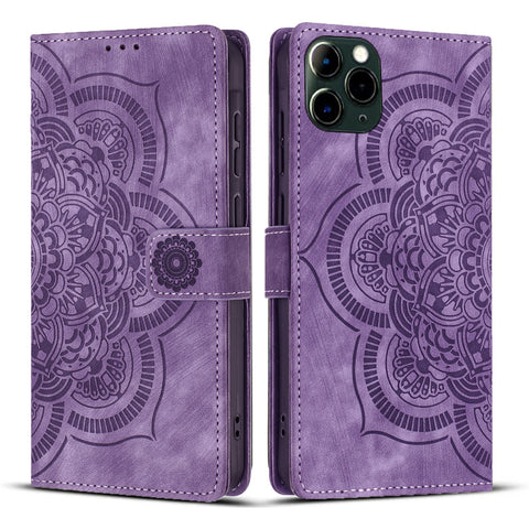 WANLONFENG For iPhone 12 Pro 6.1 inch Leather Case  HDM Series Mandala Imprint Wallet Stand Phone Cover