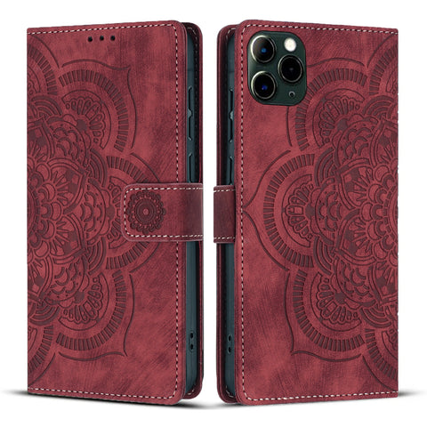 WANLONFENG For iPhone 12 Pro 6.1 inch Leather Case  HDM Series Mandala Imprint Wallet Stand Phone Cover