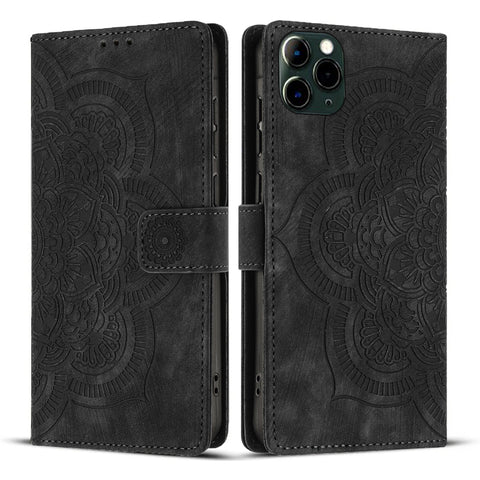 WANLONFENG For iPhone 12 Pro 6.1 inch Leather Case  HDM Series Mandala Imprint Wallet Stand Phone Cover