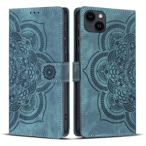 WANLONFENG For iPhone 14 Plus Leather Case  HDM Series Mandala Imprint Wallet Stand Phone Cover