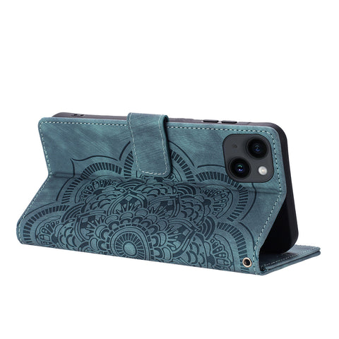 WANLONFENG For iPhone 14 Plus Leather Case  HDM Series Mandala Imprint Wallet Stand Phone Cover